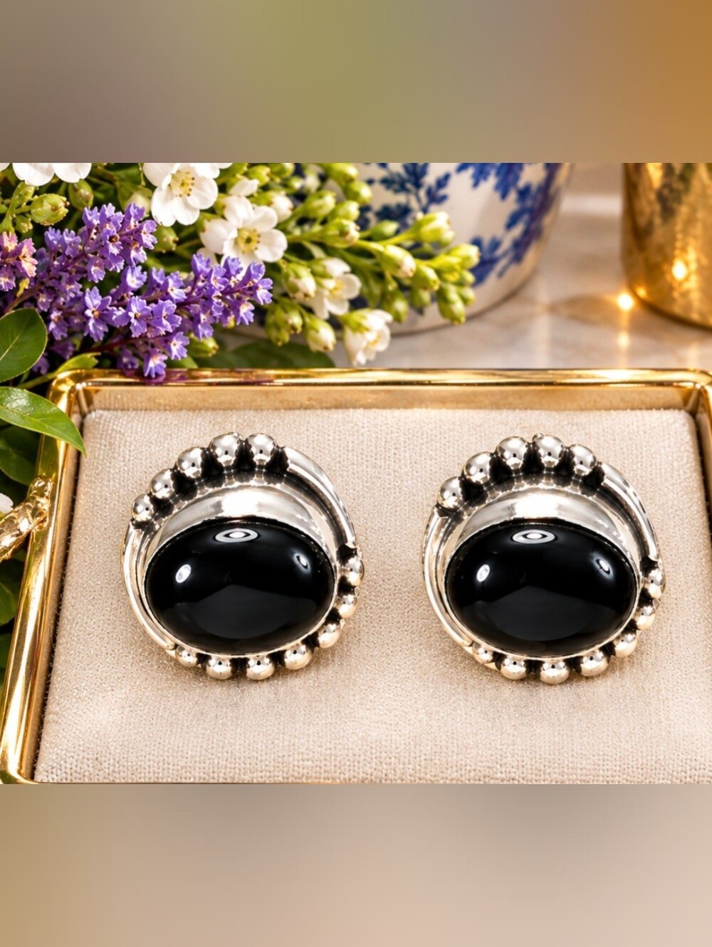 925 Sterling Silver With Black Onyx Stone Oval Earrings Studs